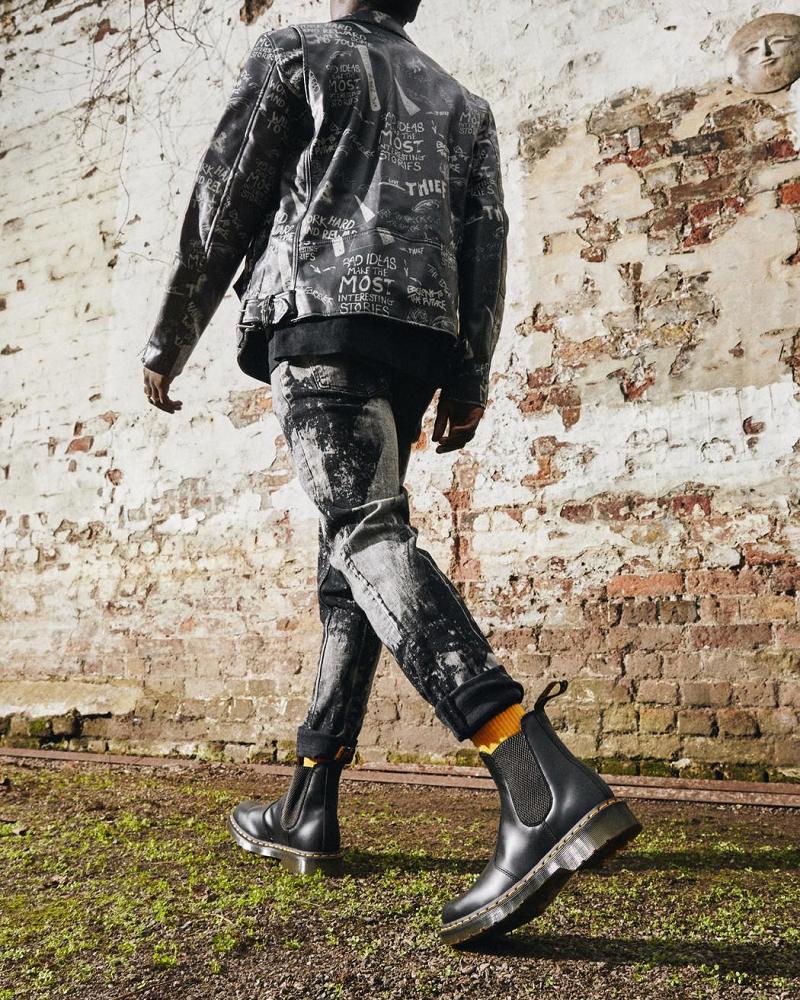 Dr Martens 2976 Yellow Stitch Smooth Lær Chelsea Støvler Dame Svarte | Norge 649FDN